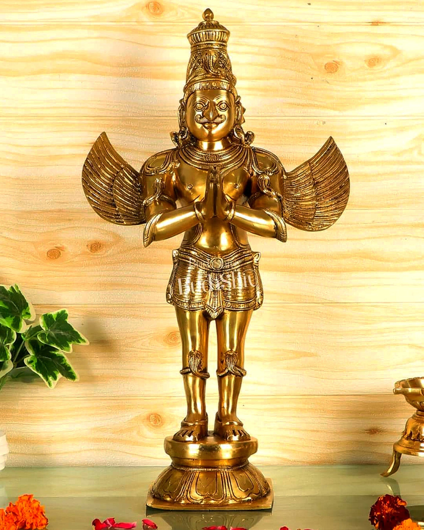 Brass Standing Garuda Dev Statue - Golden Finish, 22" Tall, 11 kg