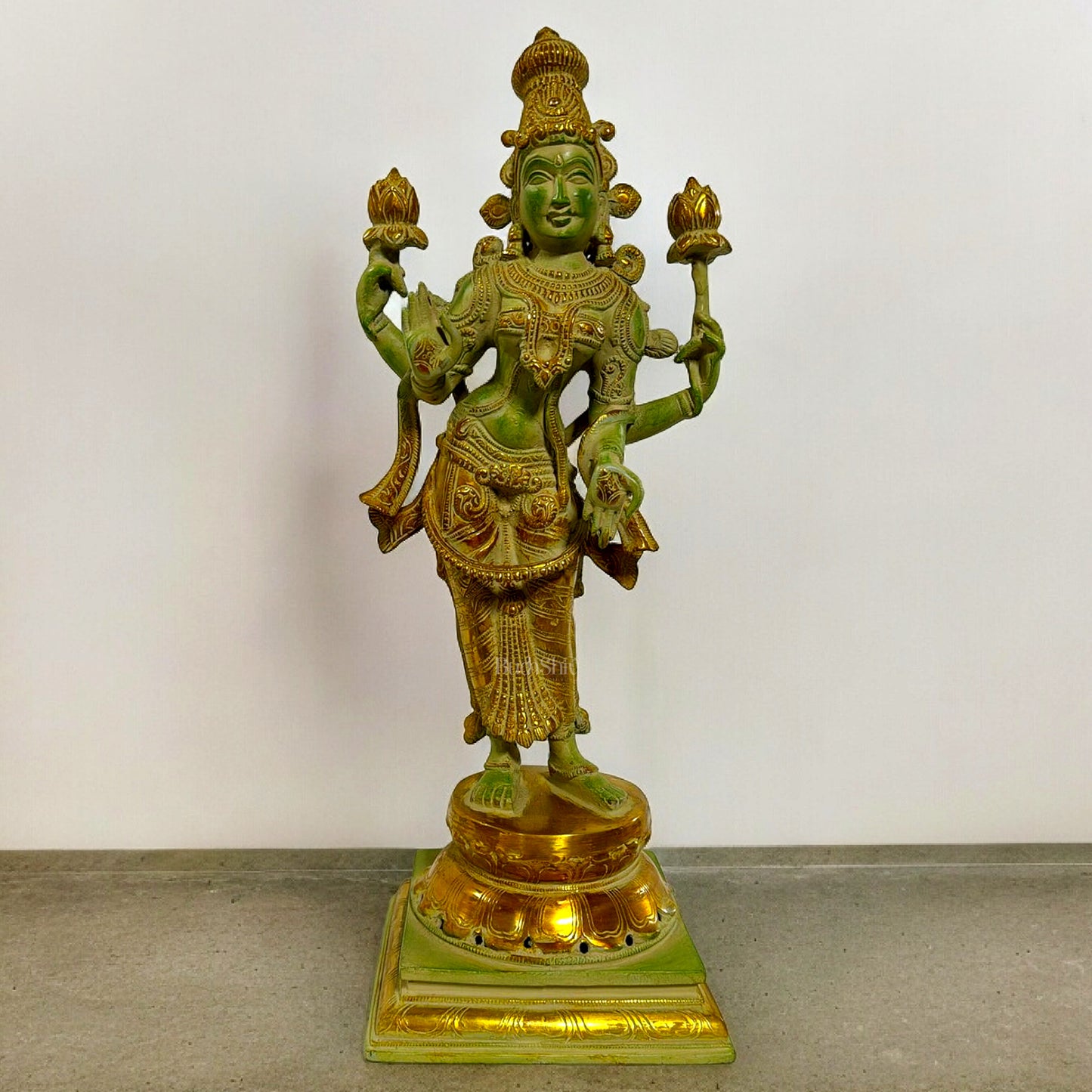 Brass Standing Lakshmi Idol - 19 Inch, Sand finish Green