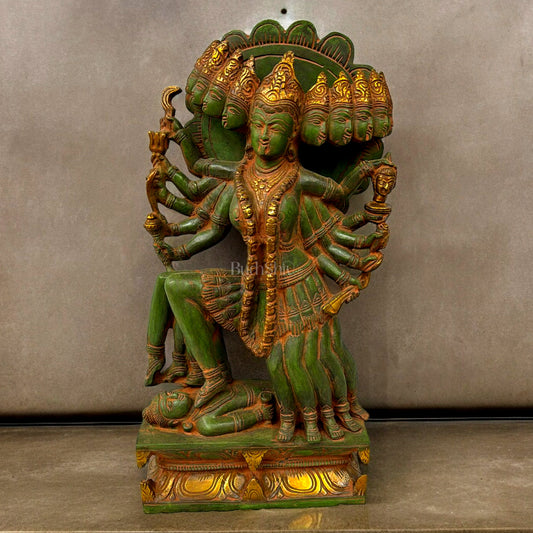 Mahakali Brass Statue Idol with 10 Heads - 15 Inch, Sand finish