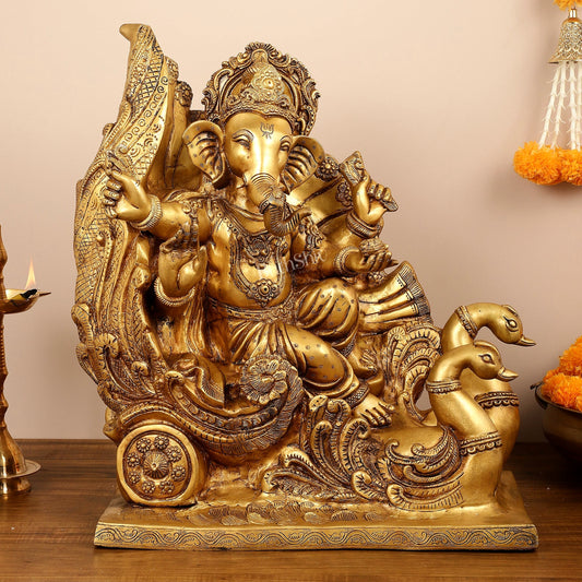 Brass Superfine Lord Ganesha Idol on Swan Chariot - 21.5 Inches