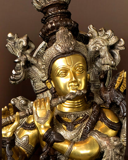 Pure Brass Lord Krishna Statue - Three Tone Finish | 30 Inch Height