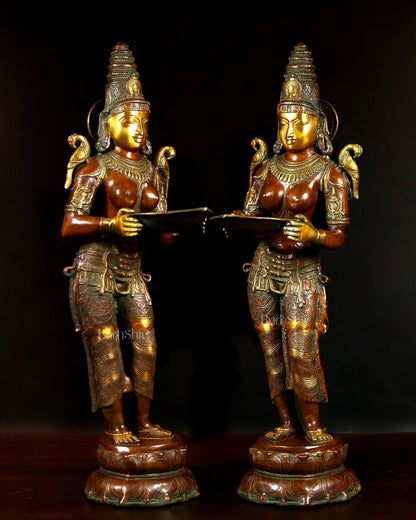 Dual-Tone Handcrafted Pavaai Villaku Deep Lady Statues - 45 Inch Fine Brass (Pair)