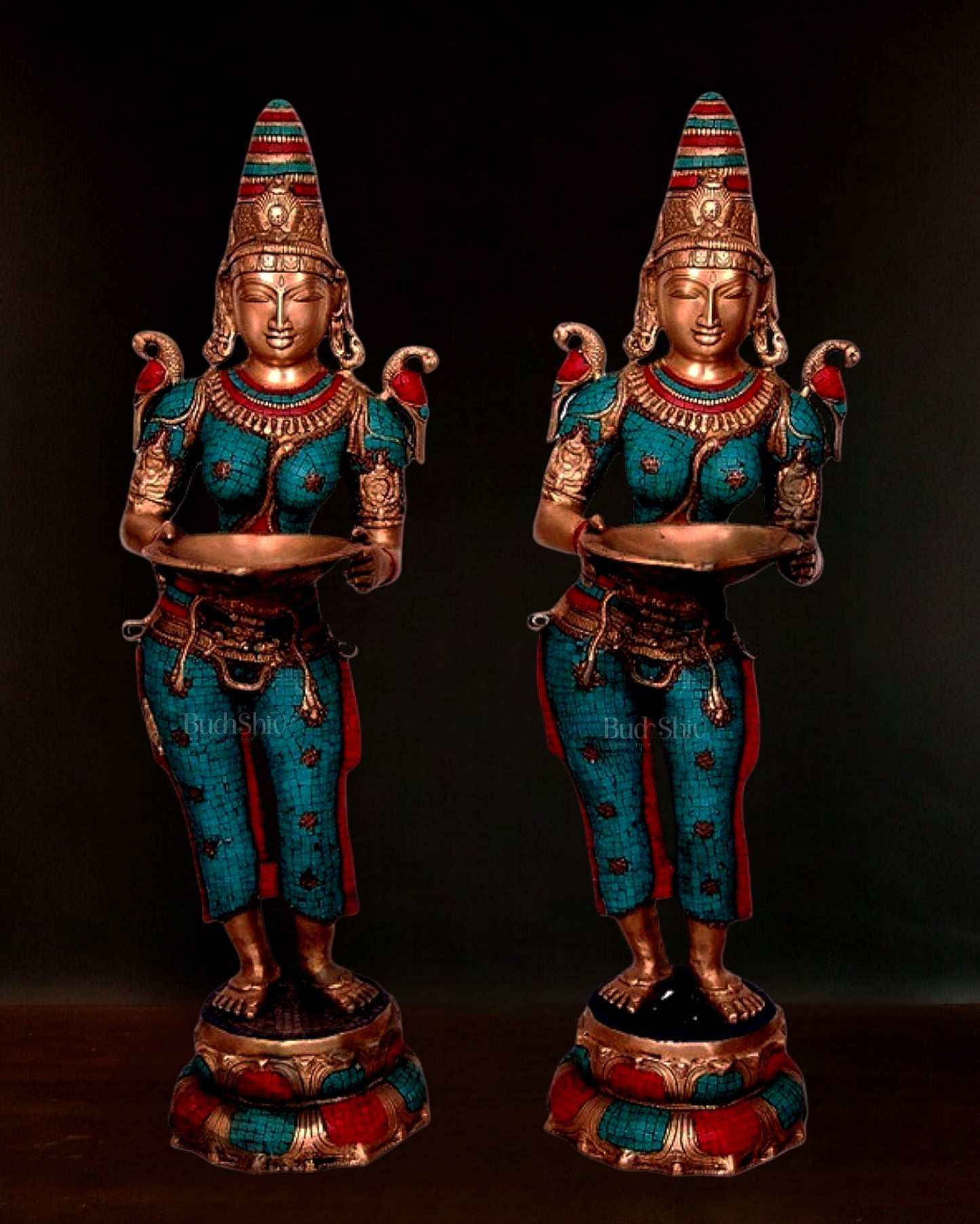 Handcrafted Pavaai Villaku Deep Lady Statue - 45 Inch Fine Brass (pair)