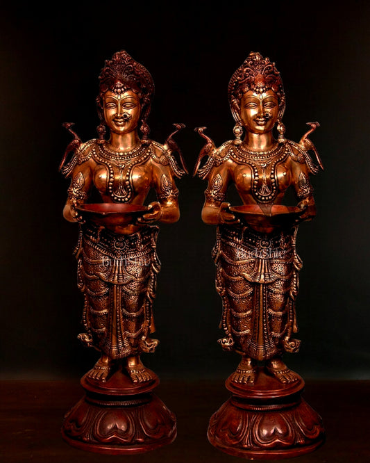 Dual-Tone Handcrafted Pavaai Villaku Deep Lady Statues - 30.5 Inch Fine Brass (Pair