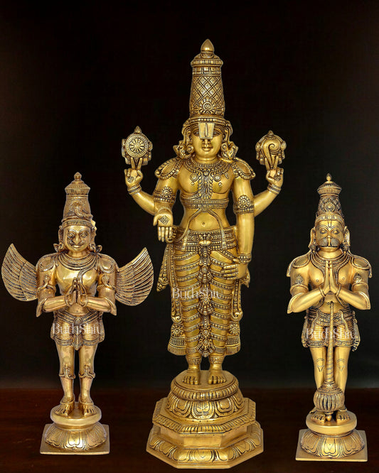 Brass Tirupati Balaji with Hanuman and Garuda Statue set 33"