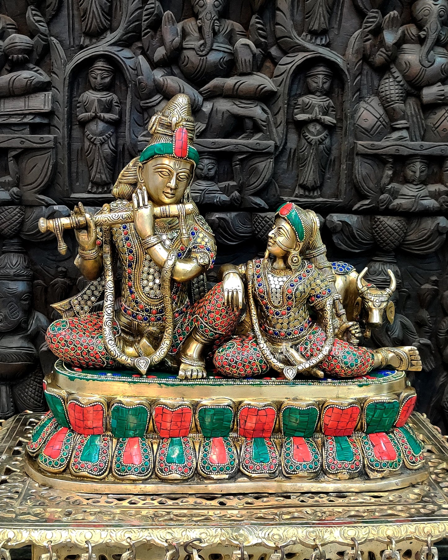 Exquisite Superfine Brass Radha Krishna Statue with Cow - 14" Handcrafted