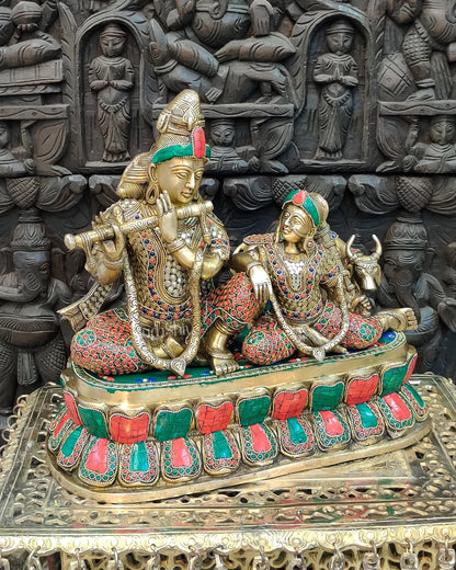 Exquisite Superfine Brass Radha Krishna Statue with Cow - 14" Handcrafted