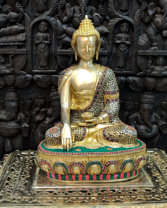 Hand-Carved Brass Buddha Statue - Earth Touching Mudra, 16"