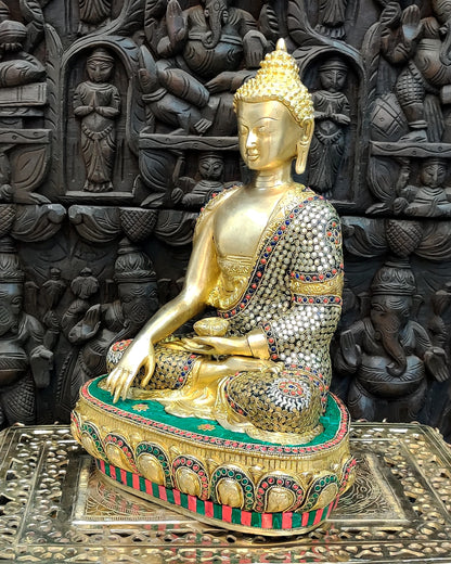 Hand-Carved Brass Buddha Statue - Earth Touching Mudra, 16"