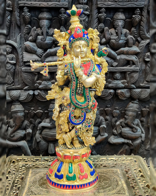 Pure Brass Handcrafted Krishna Statue - 21" with Intricate Stonework