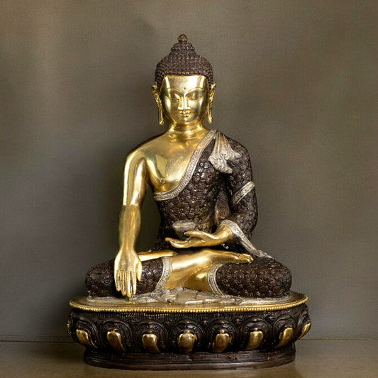 Bhumisparsha Mudra Brass Buddha Three-tone Idol | Rare 13"