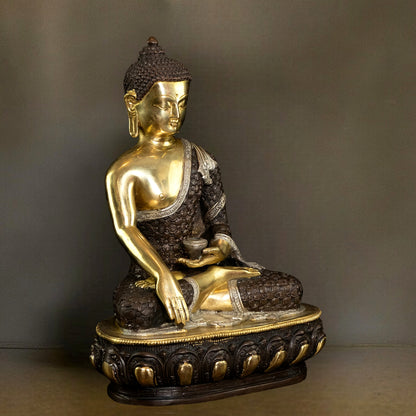 Bhumisparsha Mudra Brass Buddha Three-tone Idol | Rare 13"