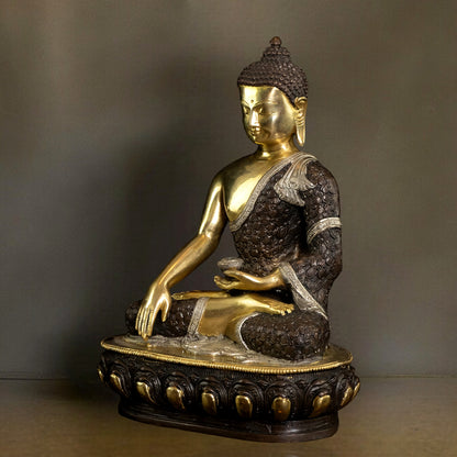 Bhumisparsha Mudra Brass Buddha Three-tone Idol | Rare 13"