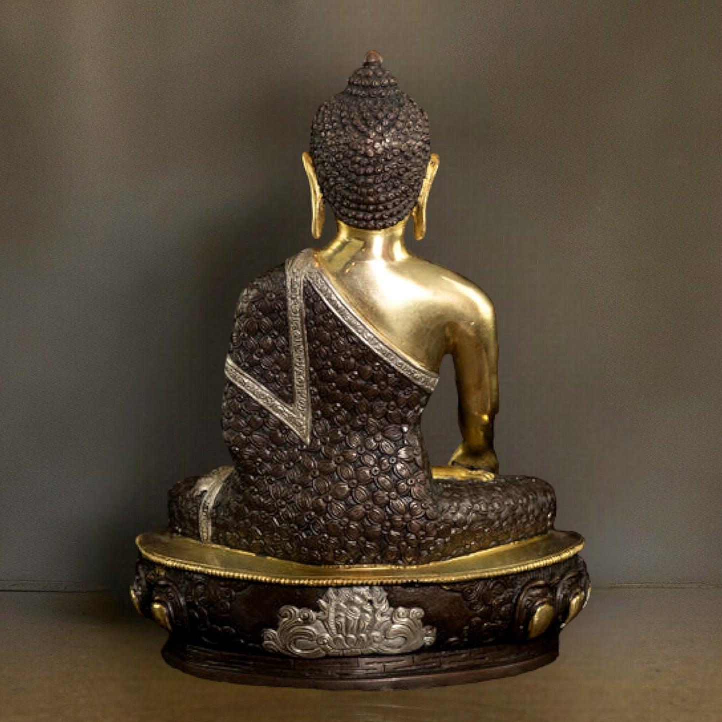 Bhumisparsha Mudra Brass Buddha Three-tone Idol | Rare 13"