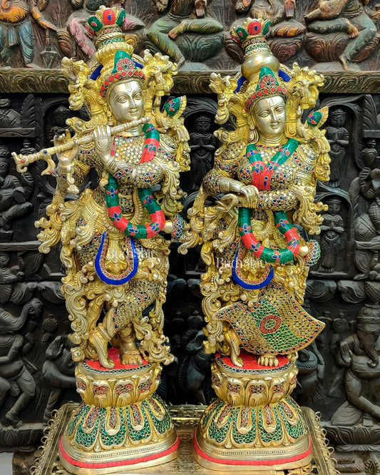 Brass Handmade Radha Krishna Idol Pair with Meenakari Stonework - 30 Inch