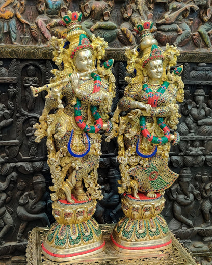 Brass Handmade Radha Krishna Idol Pair with Meenakari Stonework - 30 Inch