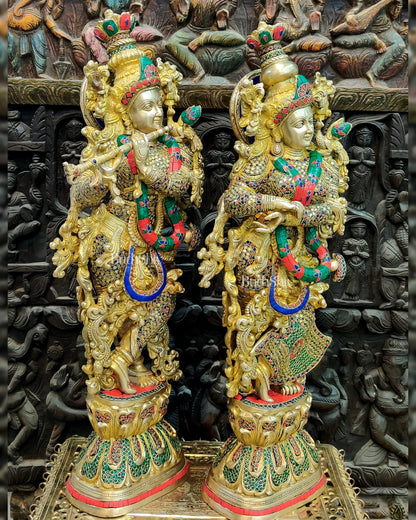 Brass Handmade Radha Krishna Idol Pair with Meenakari Stonework - 30 Inch