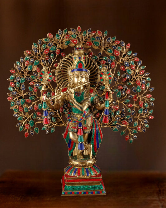 Pure Brass Lord Krishna with Kalpavriksha Tree - 28" Multicolour Meenakari