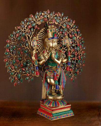 Pure Brass Lord Krishna with Kalpavriksha Tree - 28" Multicolour Meenakari