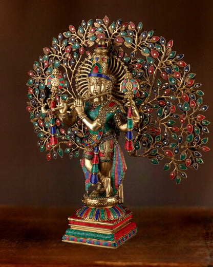 Pure Brass Lord Krishna with Kalpavriksha Tree - 28" Multicolour Meenakari