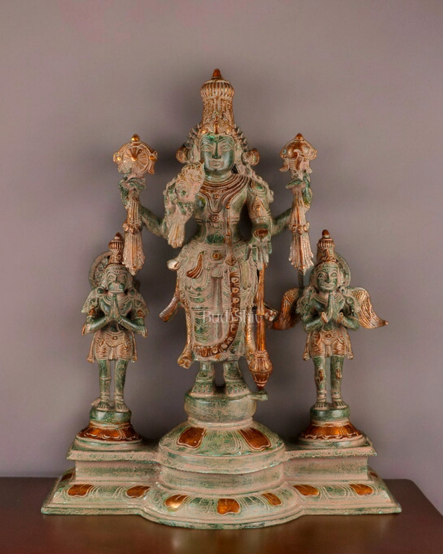 24-Inch Antique Brass Vishnu Statue, adorned with intricate sand patina finish, featuring Garuda and Hanuman.