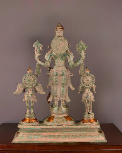 24-Inch Antique Brass Vishnu Statue, adorned with intricate sand patina finish, featuring Garuda and Hanuman.