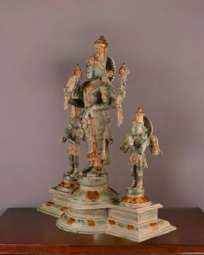 24-Inch Antique Brass Vishnu Statue, adorned with intricate sand patina finish, featuring Garuda and Hanuman.