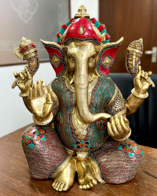 Ganesha Brass Idol with stonework 20 inch