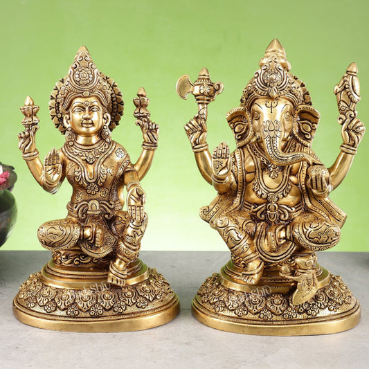 Superfine Brass Ganesh Lakshmi Idols with Intricate Carvings | 12" Butter Gold