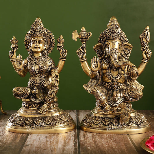 Superfine Brass Ganesh Lakshmi Idols with Intricate Carvings | 12" Height