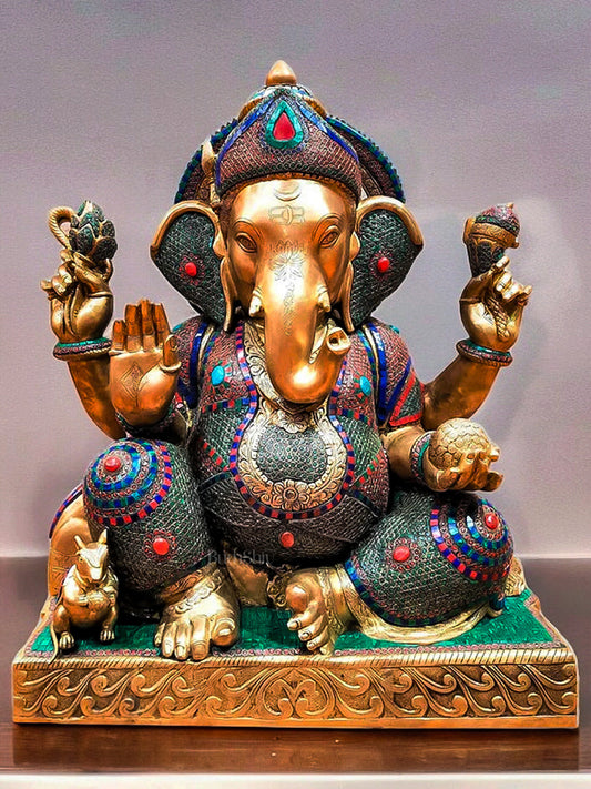 Majestic Pure Brass Ganesha Sculpture with Meenakari Stonework - 85kg, 33in Height