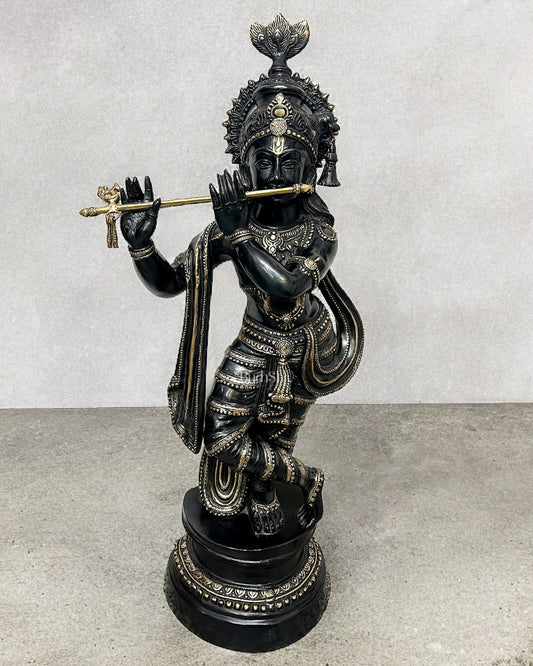 Handcrafted Brass Krishna Statue - Black and Gold Finish, 36" Height