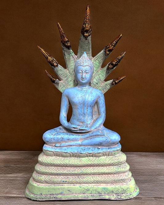 Pure Brass Handmade Thai Blessing Buddha Sculpture | Antique Tone | 21 Inch