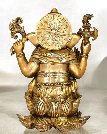 Exquisite Pure Brass Lord Ganesha Statue - Seated on Lotus, 22" Height