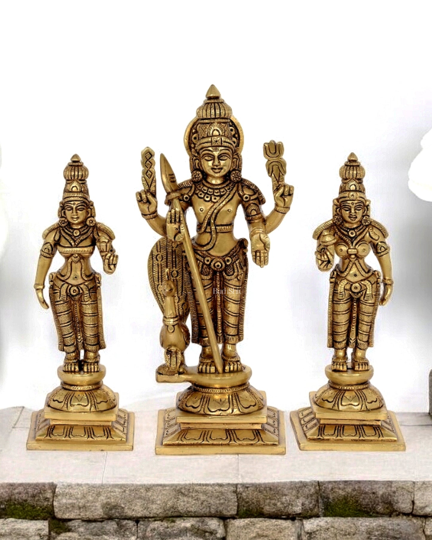 Exquisite Brass Lord Murugan, Devasena, and Valli Set | 9.5 Inch Murugan Statue