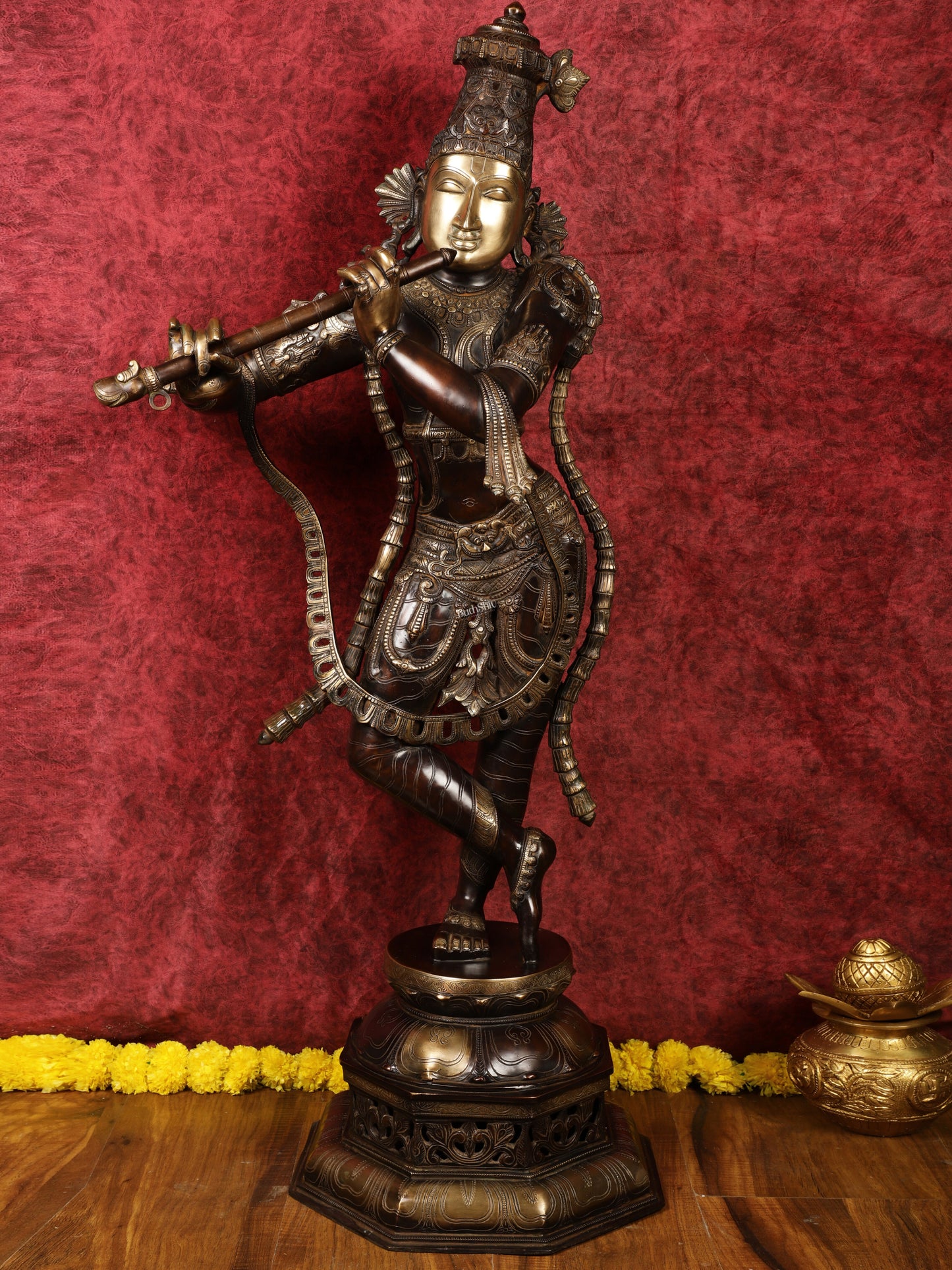 Superfine Handcrafted Krishna Sculpture | 45 Inch Tall | Premium Brown Gold Finish | 44 KG