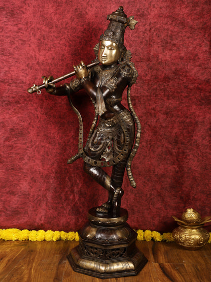 Superfine Handcrafted Krishna Sculpture | 45 Inch Tall | Premium Brown Gold Finish | 44 KG