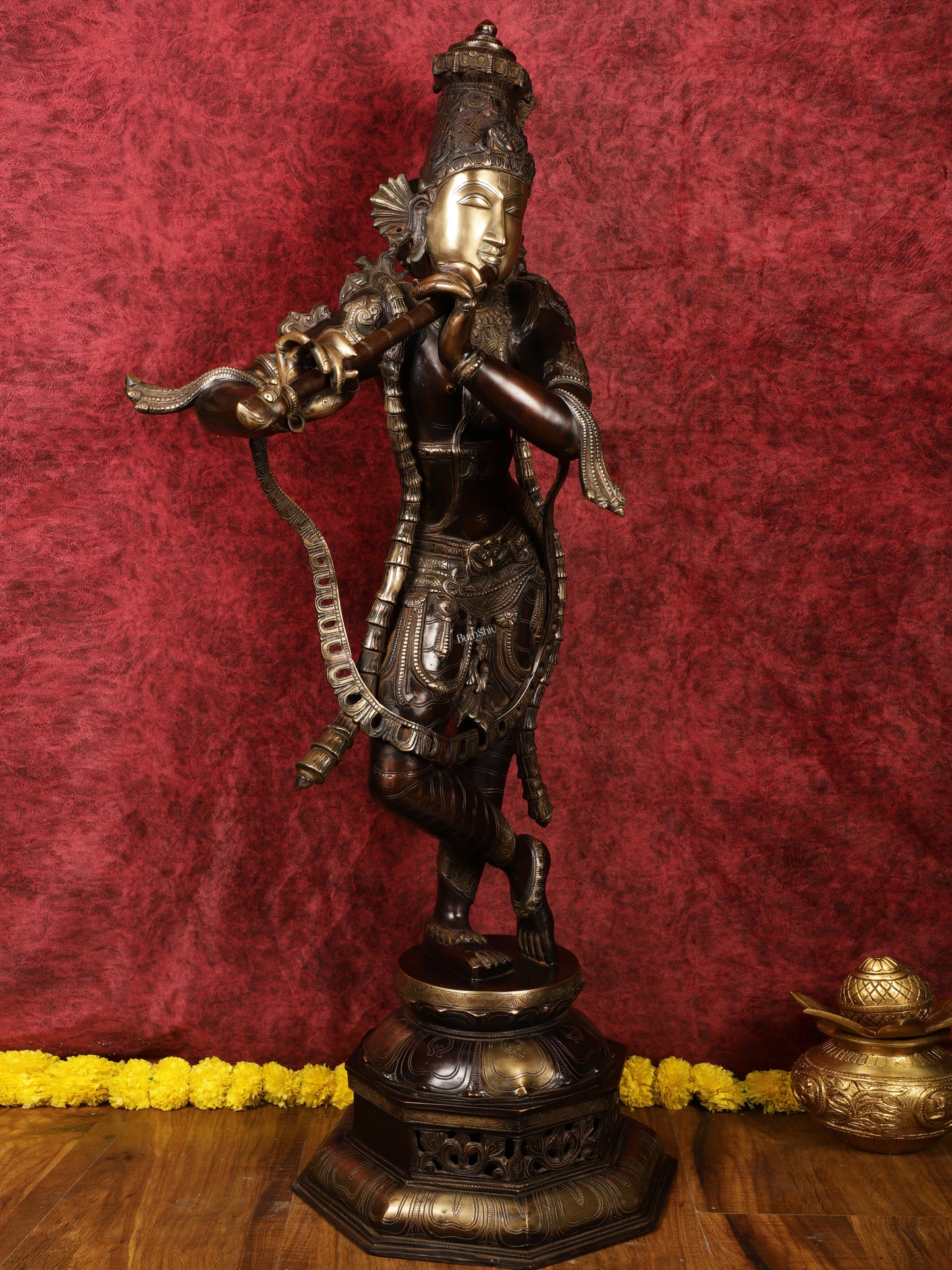 Superfine Handcrafted Krishna Sculpture | 45 Inch Tall | Premium Brown Gold Finish | 44 KG