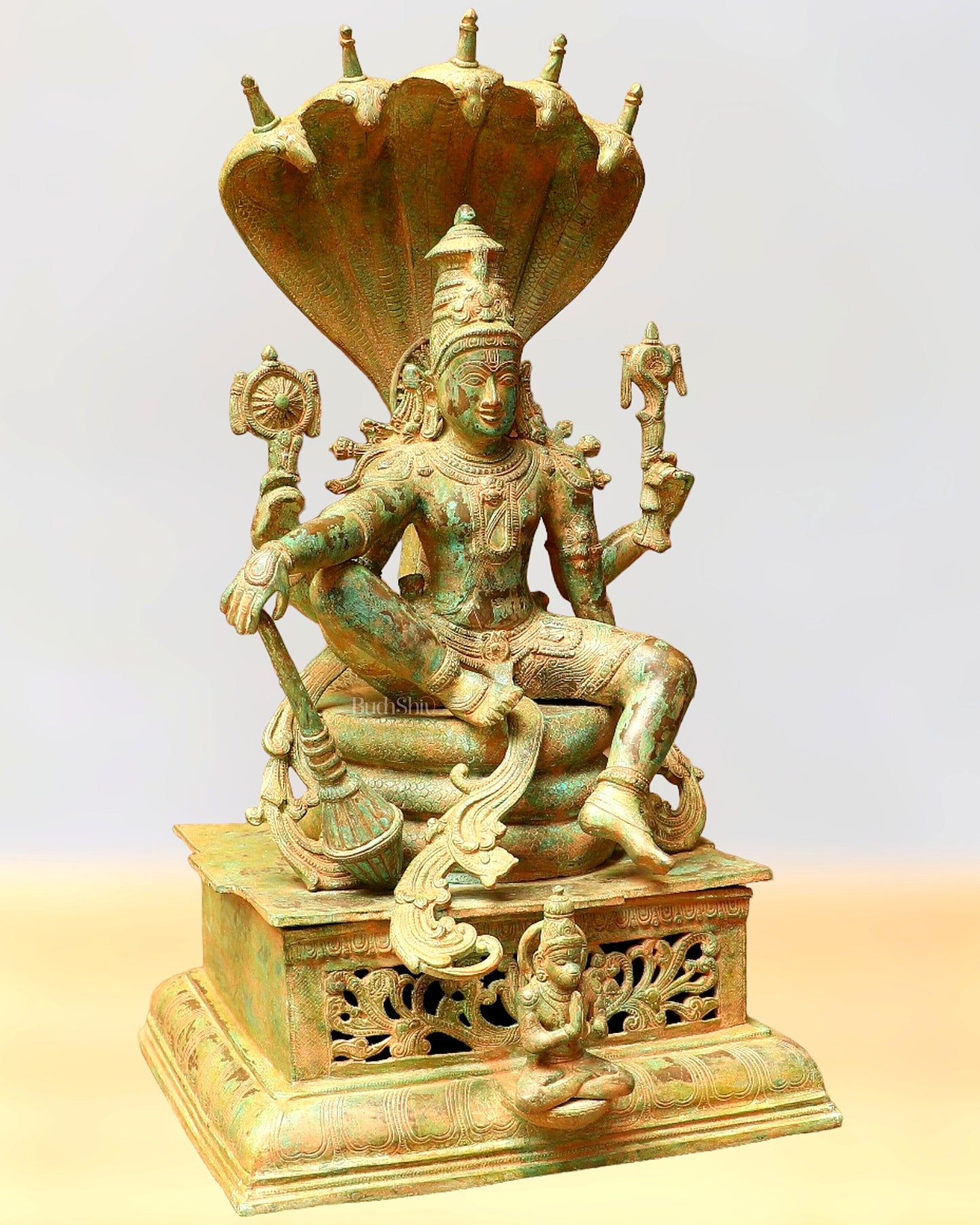 Vintage Antique Green Patina Brass Lord Vishnu Shri Hari Narayanan Statue | 29 Inch Height | 35 KG