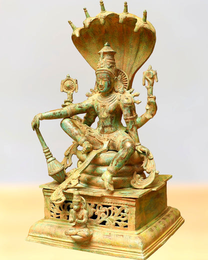 Vintage Antique Green Patina Brass Lord Vishnu Shri Hari Narayanan Statue | 29 Inch Height | 35 KG