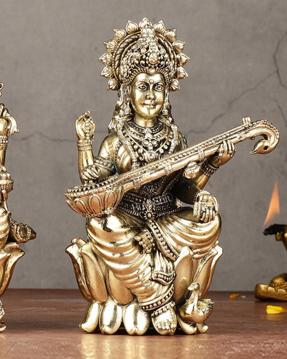 Brass Superfine Ganesha, Lakshmi, Saraswati Idols Set | 6"