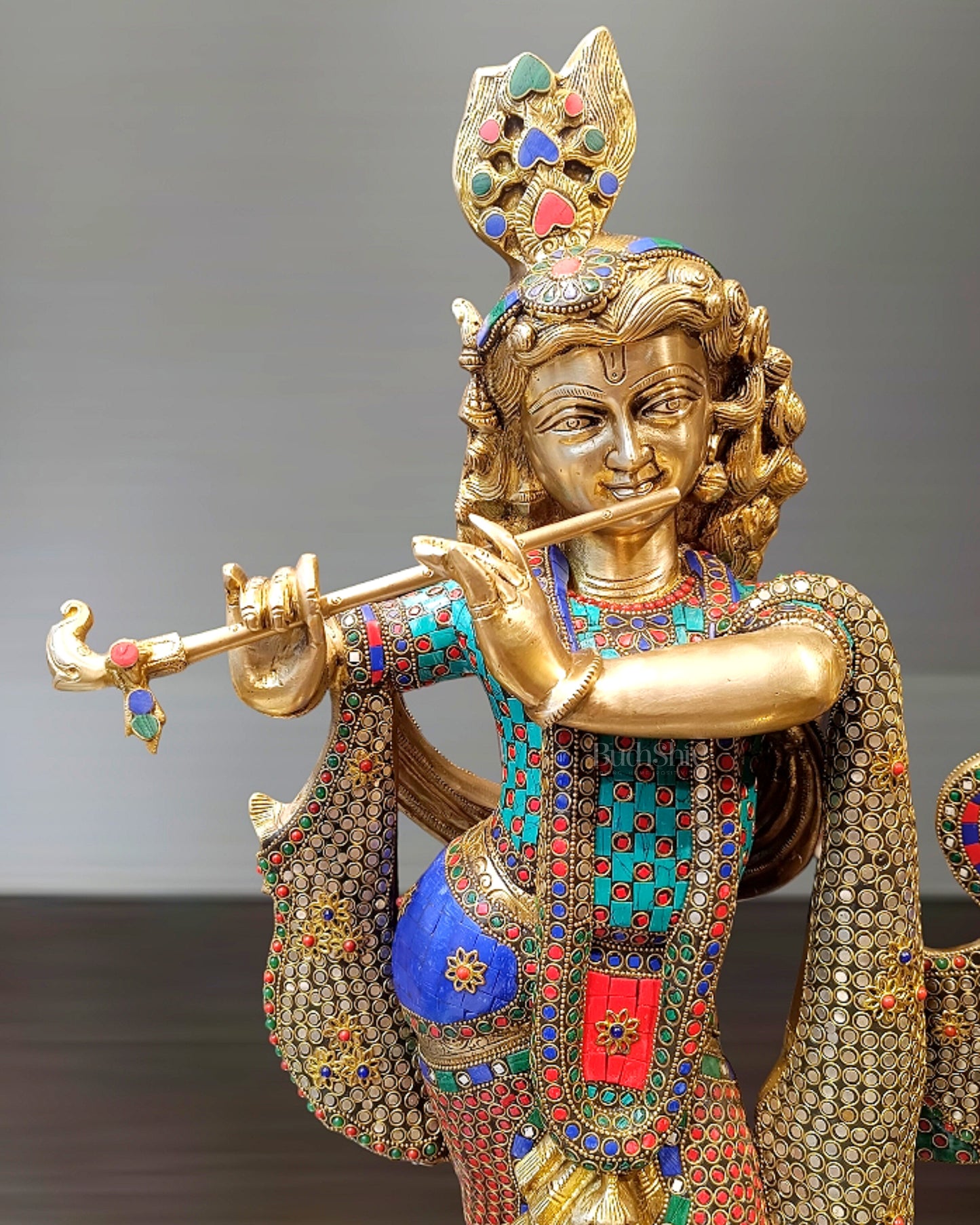 Superfine Brass Radha Krishna Idols with Meenakari Stonework 27"