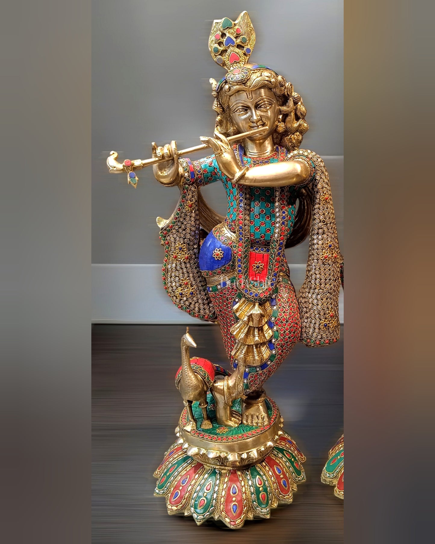 Superfine Brass Radha Krishna Idols with Meenakari Stonework 27"