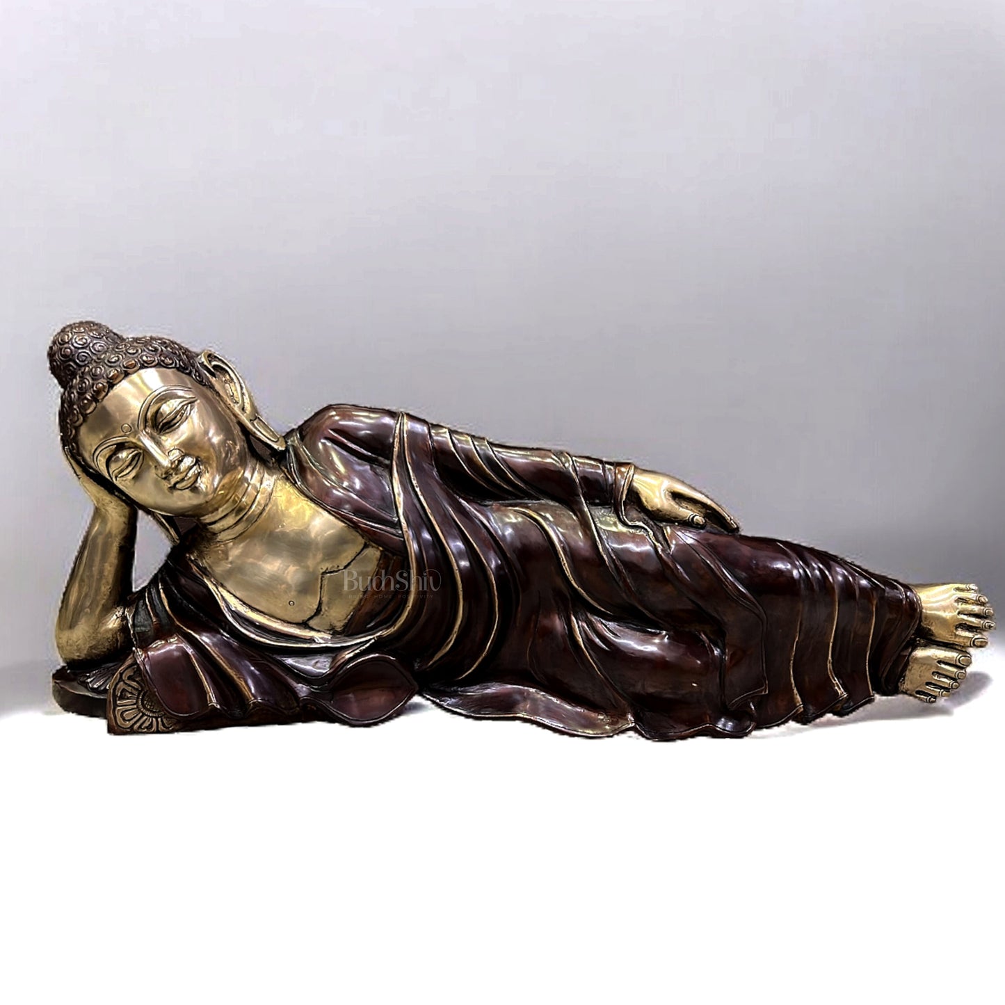 Elegant Brass Resting Buddha Statue – Dual Tone Brown Gold Finish 29"