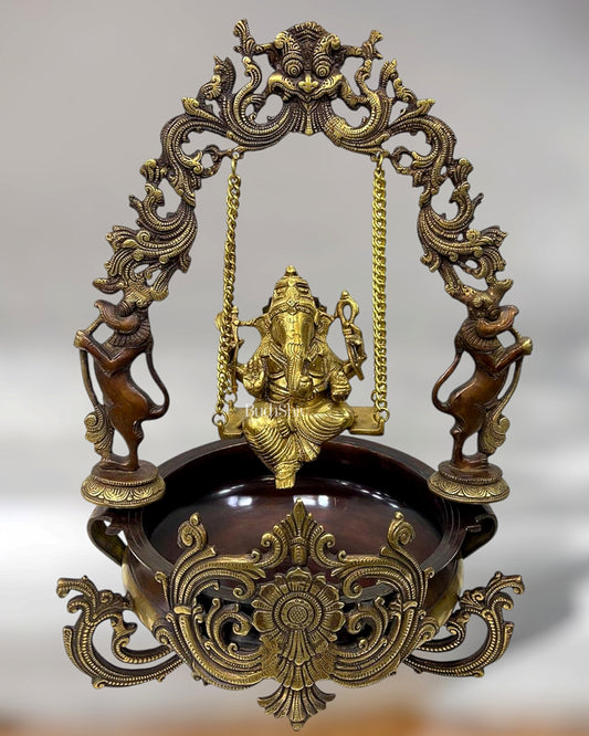 Pure Brass Ganesha on Swing Urli - 21 inch