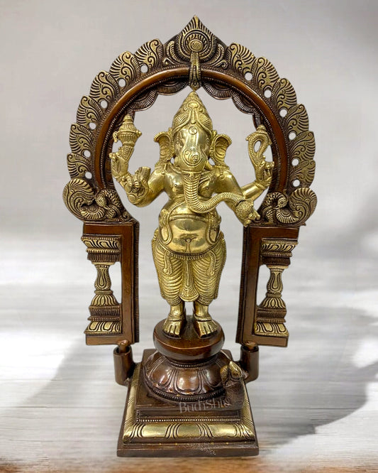 Pure Brass Standing Ganapati Statue with Prabhavali Arch 14" | Dual-Tone Finish