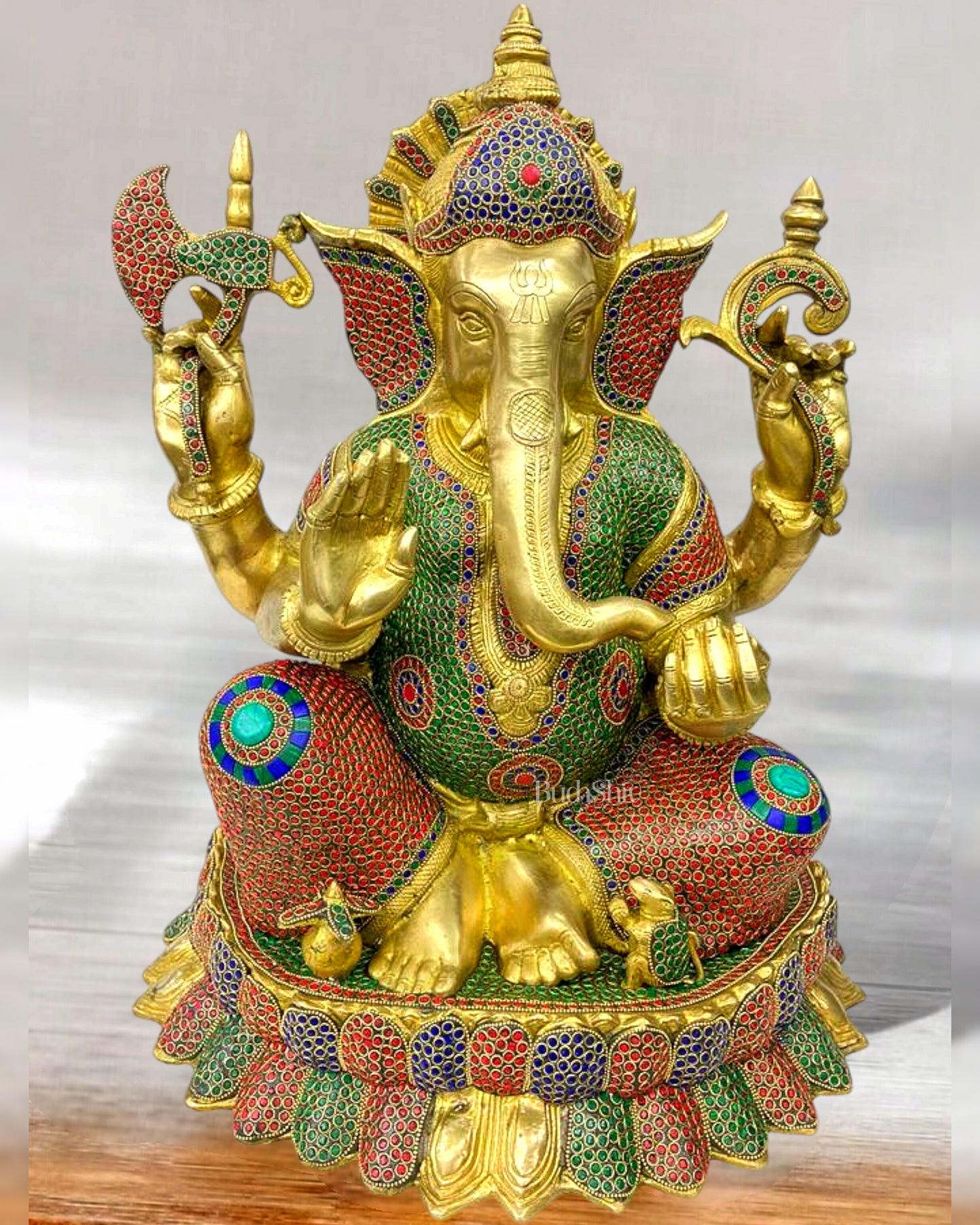 Elegant Brass Ganapati on Lotus Base with Stonework - 22" Height