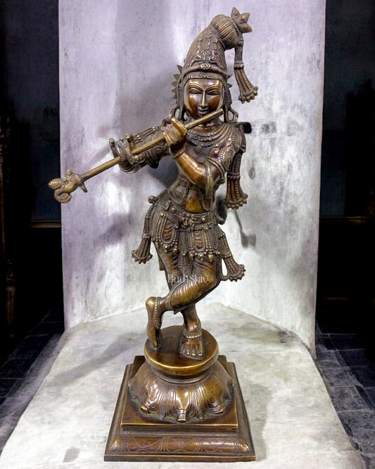 Brass Superfine Mukuta Krishna Sculpture with Unique Crown & Stance - 23.5"