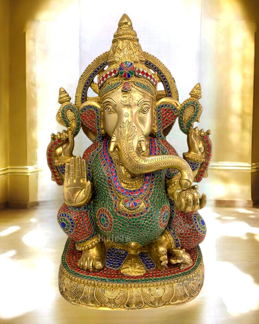 Brass Superfine Ganesha Statue with Sharp Features & Stonework - 20"