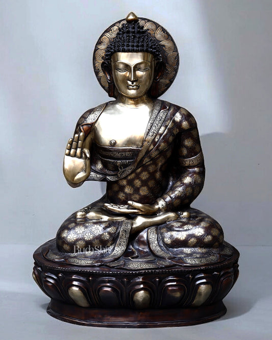 Large Pure Brass Buddha Statue in Abhaya Mudra – 46 Inches, 95 Kg Celestial Aura